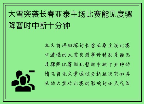大雪突袭长春亚泰主场比赛能见度骤降暂时中断十分钟 大雪突袭长春亚泰主场比赛能见度骤降暂时中断十分钟