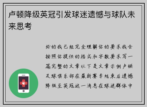 卢顿降级英冠引发球迷遗憾与球队未来思考 卢顿降级英冠引发球迷遗憾与球队未来思考